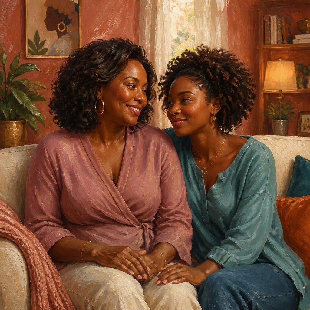A Black mother and her teenage daughter sharing a quiet sunlit moment together