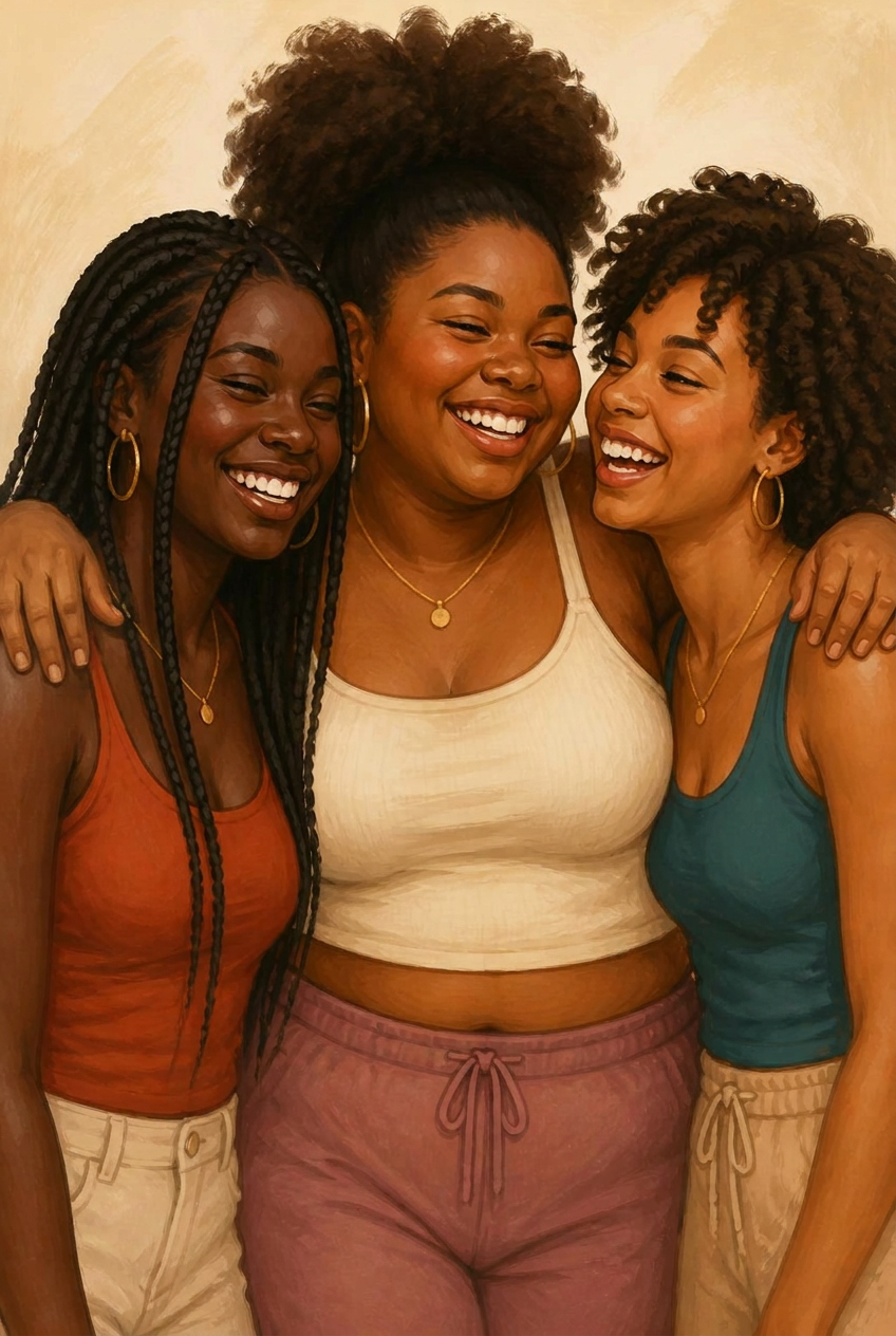 Three Black teen girls laughing together, illustrated portrait